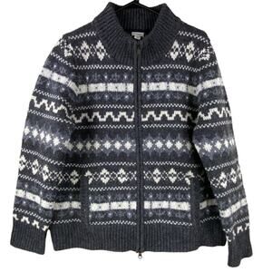L.L. Bean 100% Lambswool Zip Cardigan Sweater Sz XL Petite Chunky Gray Fairisle